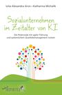 „Sozialunternehmen im Zeitalter von KI“, bunte Baumillustration mit kreisförmigen Blättern auf grünem Hügel.