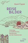 Titel: "Reisebilder". Text: "Unterwegs in Großbritannien, Skandinavien und den Niederlanden". Illustration von Bergen und Häusern.