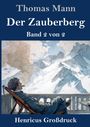 „Thomas Mann: Der Zauberberg, Band 2 von 2, Henricus Großdruck.“ Illustration: Mann auf Balkon mit Zigarette, verschneite Berge im Hintergrund.