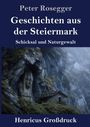"Peter Rosegger: Geschichten aus der Steiermark, Schicksal und Naturgewalt, Henricus Großdruck." Felswand mit Gesichtsschnitzerei.