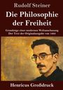 "Die Philosophie der Freiheit" von Rudolf Steiner. Illustration eines Mannes mit Brille und Schnurrbart auf strukturiertem Hintergrund.