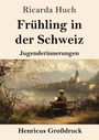 „Ricarda Huch, Frühling in der Schweiz, Jugenderinnerungen, Henricus Großdruck“. Eine Frau auf einer Bank vor einem See.