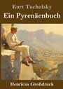 Text: "Kurt Tucholsky, Ein Pyrenäenbuch, Henricus Großdruck". Eine Illustration zeigt einen Mann, der auf einem Felsen sitzt und liest.