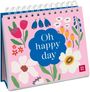 "Oh happy day" in weißer Schrift auf einem blauen Kreis, umgeben von bunten Blumen auf rosa Hintergrund.