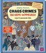 „CHAOS CRIMES: DAS KRIMI-WIMMELBUCH“ löse 12 spannende Fälle. Illustration einer belebten Ermittlerszene.
