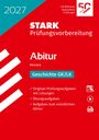 2027, STARK Prüfungsvorbereitung, Abitur Hessen, Geschichte GK/LK, rot-türkis Design, enthält Häkchenlisten und Symbole.
