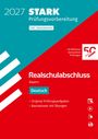 Text: „2027, STARK, Prüfungsvorbereitung, inkl. Basiswissen, Realschulabschluss, Bayern, Deutsch, Original-Prüfungsaufgaben, Basiswissen mit Übungen, >30 Millionen bestandene Prüfungen, 50 Jahre STARK.” Farbige diagonale Teilung in Rot und Blau.