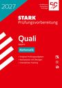 Text: "2027, STARK Prüfungsvorbereitung, Quali Bayern, Mathematik, Original-Prüfungsaufgaben, Basiswissen mit Übungen, Interaktives Training." Rotes und türkises Design, Logo "50 Jahre STARK".