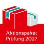 "Aktionspaket Prüfung 2027." Illustration: Rote und weiße Pakete mit blauen Bändern auf rotem Hintergrund.
