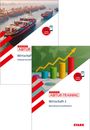 Neues Abitur Abitur-Training Wirtschaft. Oberes Bild: Frachtschiff im Hafen. Unteres Bild: Bunte Diagramme mit Pfeil.