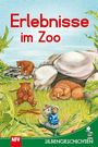Erlebnisse im Zoo. Illustration: Drei Bären und eine Maus vor Felsen und Büschen. Logo unten rechts.