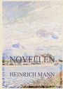 "NOVELLEN HEINRICH MANN" auf einem impressionistischen Gemälde mit einem Fluss, Häusern und bewölktem Himmel.