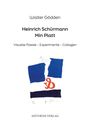 "Visuelle Poesie – Experimente – Collagen". Drei blaue Papierschnipsel und ein rotes Symbol auf weißem Hintergrund.