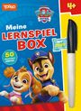 "Meine LERNSPIEL BOX", "50 abwischbare KARTEN", "MIT STIFT", "4+". Bunte Cartoon-Tiere auf blauem Hintergrund.