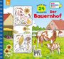 "BUCH MIT 24 MAGNETEN. Der Bauernhof." Illustration: Kuh, Kalb, Katze, Bauer, Scheune, Traktor, Sonnenblumen. Geeignet ab 3 Jahre.