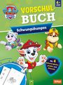 Texte auf grünem Hintergrund: Vorschulbuch, Schwungübungen, Mit 4 Schwierigkeitsgraden und Urkunde, 4+ Jahre. Illustrationen von drei fröhlichen Hunden.