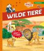"WILDE TIERE" in großen Buchstaben. Illustration von Löwe, Elefanten und Giraffe in einer afrikanischen Landschaft.