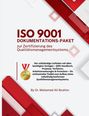 Text: ISO 9001 DOKUMENTATIONS-PAKET zur Zertifizierung des Qualitätsmanagementsystems. Beige, rot und weiße Linien.