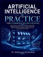 ARTIFICIAL INTELLIGENCE IN PRACTICE. E-Commerce Symbole, digitales Gesicht, Einkaufswagen, Diagramm.