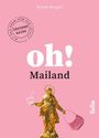 „oh! Mailand“, darauf ein goldenes Statue mit Trinkbecher und rosa Tasche, Hintergrund rosa.