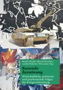 Bruder et al. (Hg.), Rasende Zerstörung. Panzer auf farbigem, abstraktem Hintergrund mit schwarz-weißen Linien.