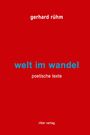 "gerhard rühm. welt im wandel. poetische texte. ritter verlag." Weiße und blaue Schrift auf rotem Hintergrund.