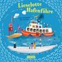 "Lieselotte Hafenfähre" in großer gelber Schrift, bunte Fähre im Hafen, fröhliche Figuren, blaue Wellen, blauer Himmel.