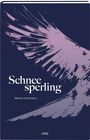 "Schneesperling" von Marcel Hartmann, mit Illustration eines Vogelflügels in lila auf dunkelblauem Hintergrund.