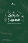 Text: "Genuss Logbuch. Probieren + Bewerten + Festhalten. Für Restaurants, Rezepte & Genussmomente." Illustration von Küchenutensilien.