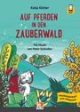 Titel: "Auf Pferden in den Zauberwald". Ritter auf weißem Pferd im bunten Wald. Musikalische Begleitung.