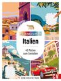 "Malen nach Zahlen: Italien" zeigt farbige Illustrationen von Landschaften, Gebäuden und einem roten Auto.
