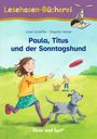 „Lesehasen-Bücherei: Paula, Titus und der Sonntagshund.“ Illustration von einem Mädchen, das mit einem Hund Frisbee spielt.