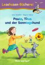 "Paula, Titus und der Sonntagshund" von Ursel Scheffler. Kind mit Hund auf Wiese, spielend mit Frisbee.