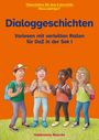 "Dialoggeschichten: Vorlesen mit verteilten Rollen für DaZ in der Sek I" steht in blauer Schrift auf orangefarbenem Hintergrund. Darunter eine Zeichnung von vier lachenden Kindern mit Rucksäcken.