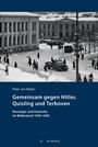 „Gemeinsam gegen Hitler, Quisling und Terboven“. Schwarz-weißes Foto, winterliche Straßenszene mit alten Fahrzeugen.