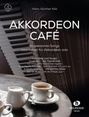 Akkordeon-Tasten, drei Tassen Kaffee auf einem Tisch; Logo „HOLZSCHUH“ unten rechts.