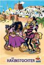 "Die Hakimstochter" in großen Buchstaben. Illustration: Eine Frau in lila Kleid, umringt von bunten Figuren vor einer Stadtansicht.