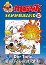 "Mosaik Sammelband 137: Der Tanz des Feuerstrahls." Illustration: Explosion, Cartoonfigur fliegt durch die Luft, zwei Eingeborene.