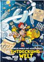 Eine Zeitreise durch die Wissenschaft. Die Entdeckung der Welt. Comic-Illustration mit drei fröhlichen Figuren in einer Zeitmaschine.