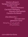 Weiße Namen und Sätze auf dunkelrotem Hintergrund: "Marion Brasch, Narges Hashempour..." und "constellations".