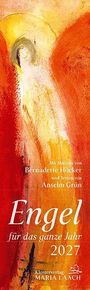 "Mit Motiven von Bernadette Höcker und Texten von Anselm Grün. Engel für das ganze Jahr 2027. Klosterverlag Maria Laach." Eine Illustration eines Engels in warmen Farben.