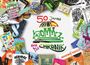 "50 Jahre KOMMZ Die Chronik" in bunten Lettern. Umgeben von Collage aus Festivalplakaten und Illustrationen.