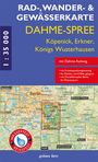 RAD-, WANDER- & GEWÄSSERKARTE DAHME-SPREE. Karte mit blauem randigen Layout und einem Logo: "WASSERFEST REISSFEST".