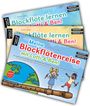 "Blockflöte lernen mit Lotti & Ben!" Buchcover. Fröhliche Kinder stehen auf einer großen Blockflöte mit Weltkugel im Hintergrund.