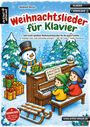 "Weihnachtslieder für Klavier" in Rot und Grün. Zwei Kinder spielen Klavier, Schneemann und Geschenke daneben.