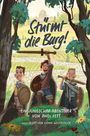 "Stürmt die Burg!" Drei fröhliche Kinder mit Schwertern und Schilden in einer malerischen Landschaft.