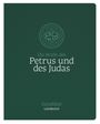 Text: "Die Briefe des Petrus und des Judas". Dunkelgrüner Hintergrund mit zentralem, dekorativem Logo.