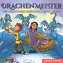 „Drachenmeister: Der Schutz der unsichtbaren Drachen“; zwei Kinder mit kleinen, bunten Drachen auf einer Burgmauer.