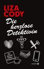 Text: „Liza Cody“, „Die herzlose Detektivin“, „Die Schnell Imbiss Detektivin“. Illustrationen: Herz, Wurst, Schere, Tasse.