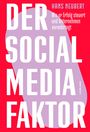 „DER SOCIAL MEDIA FAKTOR“ in großen weißen Buchstaben auf rotem Hintergrund, violette Form.